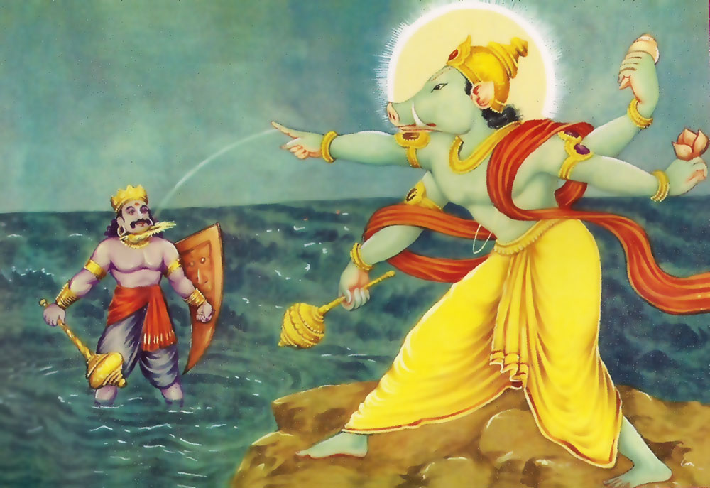 वराह भगवान, हिरण्याक्ष का वध करते हुए वराह भगवान, हिरण्याक्ष का वध करते हुए