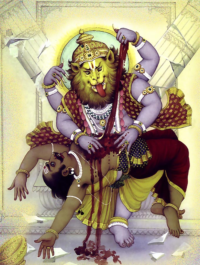 नरसिंह प्रभु, खम्भे से निकल कर हिरण्यकशिपु का वध करते हुए नरसिंह प्रभु, खम्भे से निकल कर हिरण्यकशिपु का वध करते हुए