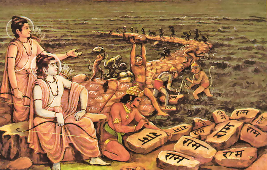 नल-नील द्वारा राम नाम पत्थर पर लिखना तथा उसे समुद्र पर डाल कर लंका जाने हेतु सेतु निर्माण करना। नल-नील द्वारा राम नाम पत्थर पर लिखना तथा उसे समुद्र पर डाल कर लंका जाने हेतु सेतु निर्माण करना।